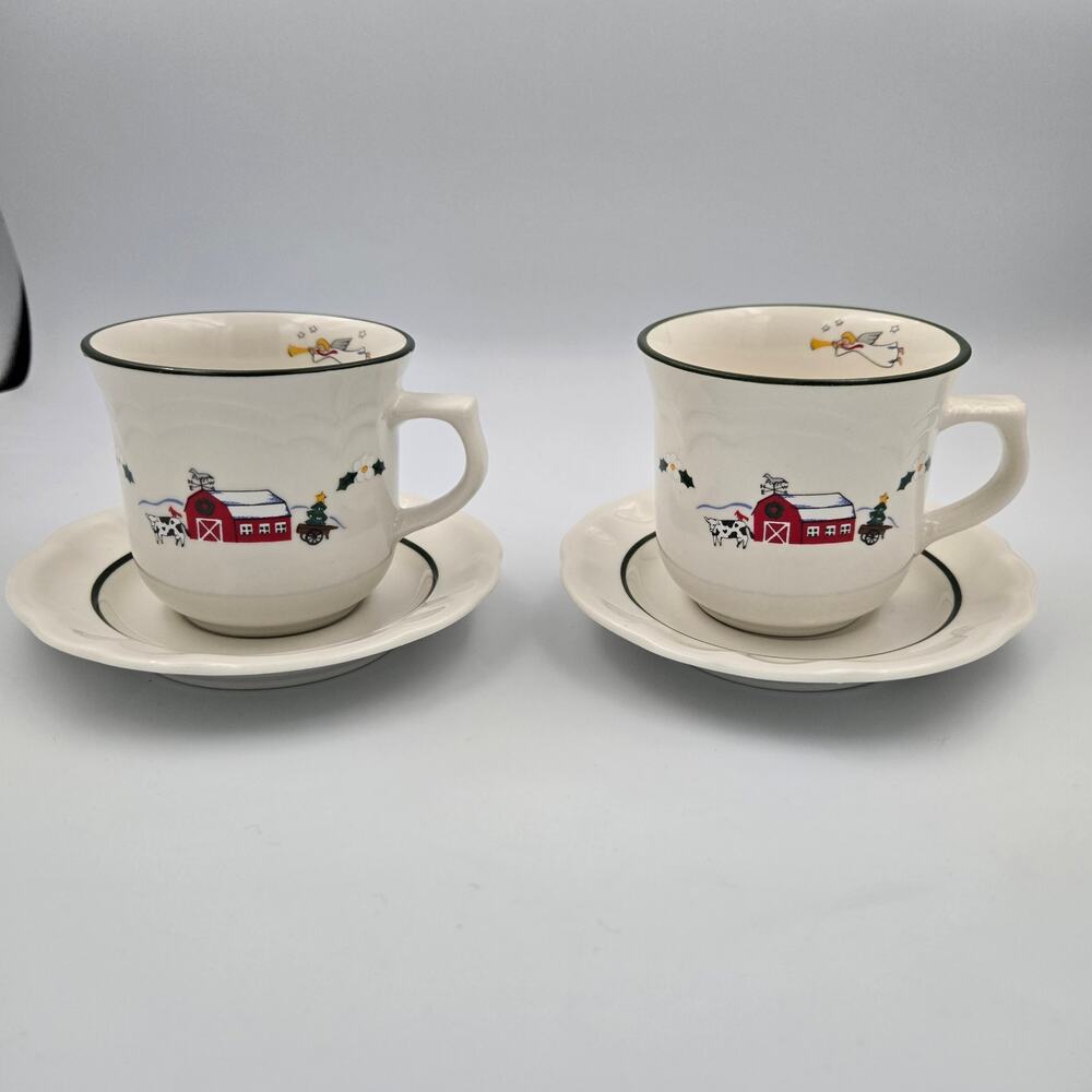 Two Pfaltzgraff Christmas Snow Village Stoneware Cup and Saucer Sets